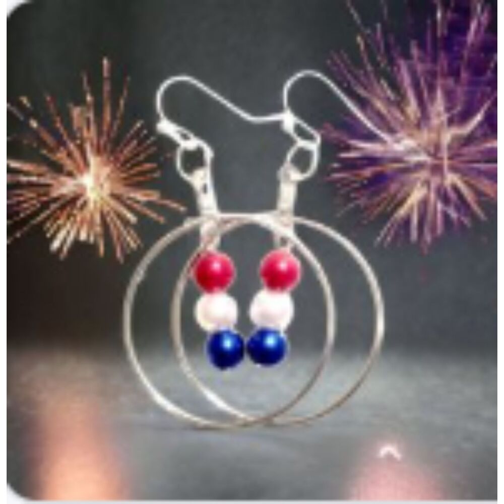 Silver Hoop w/Pearls 1.5" Dangle Handmade Brand New 4th of July Party Earrings